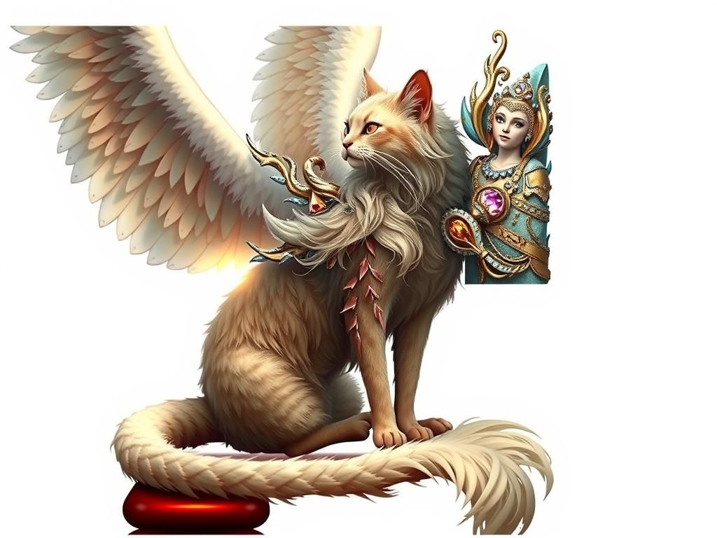 Extreme Wide shot full body shot of A majestic LIGHT BLONDE angel cat mermaid with white angel wings and long tail, in 3...
