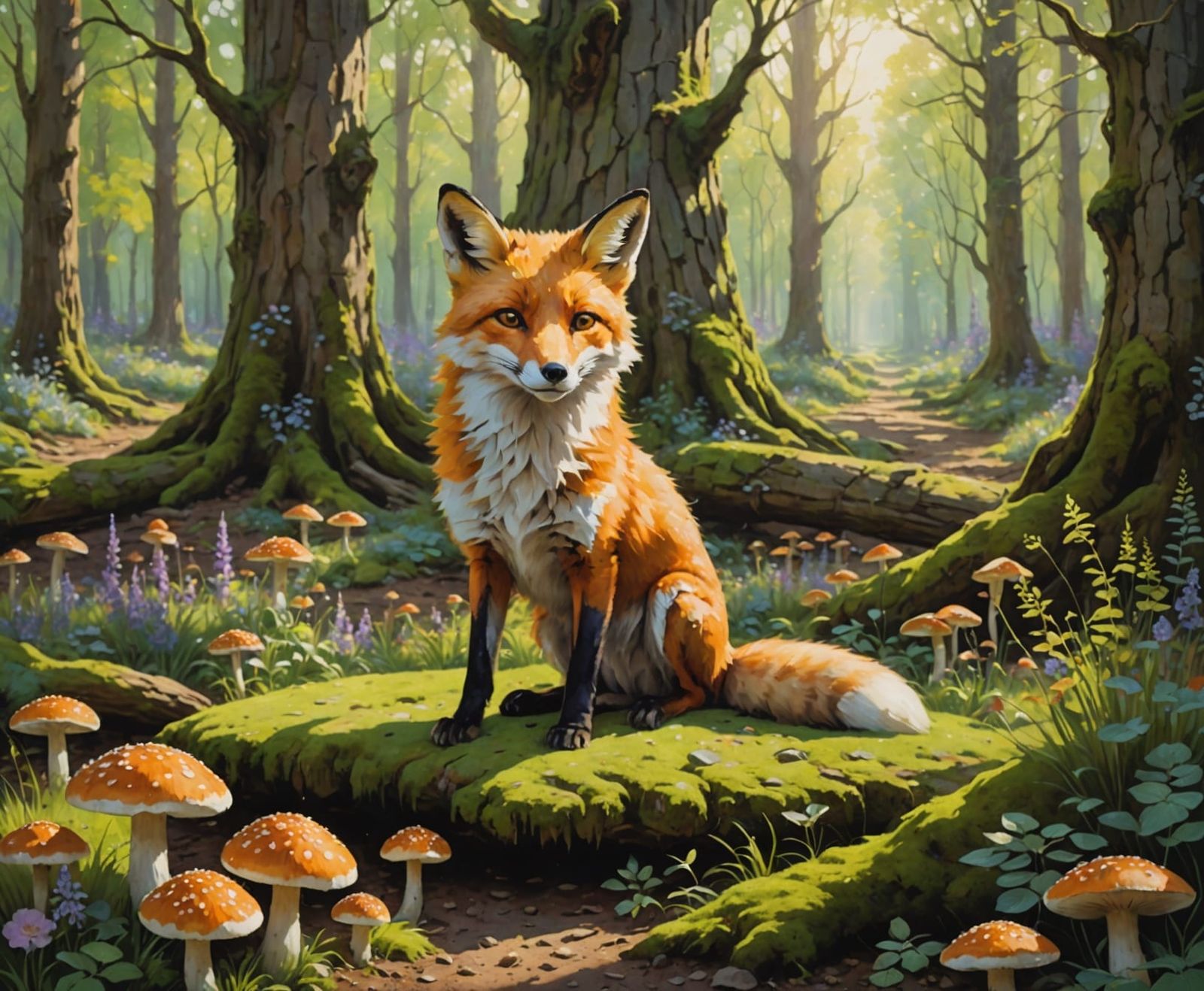 Whimsical Fox in Sun-Dappled Forest Clearing