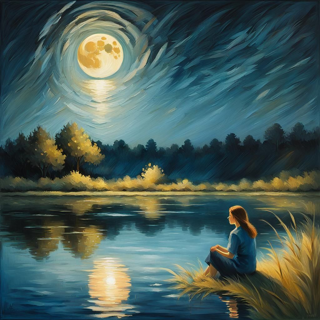 Woman Contemplates Serene Lake Scene at Night