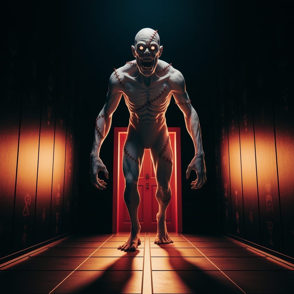 Menacing Stitched Creature in Dark Hallway