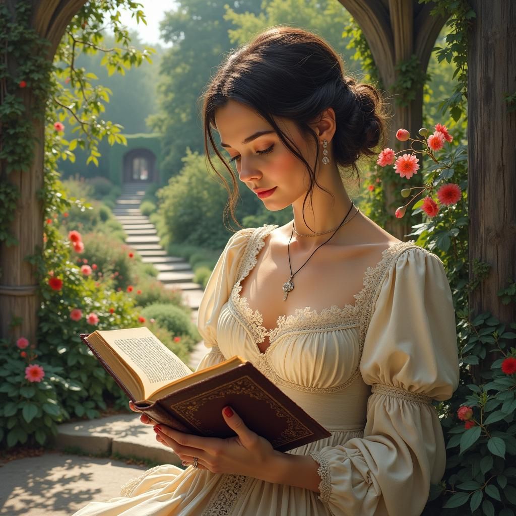Woman Reading in Enchanted Garden, Matte Painting