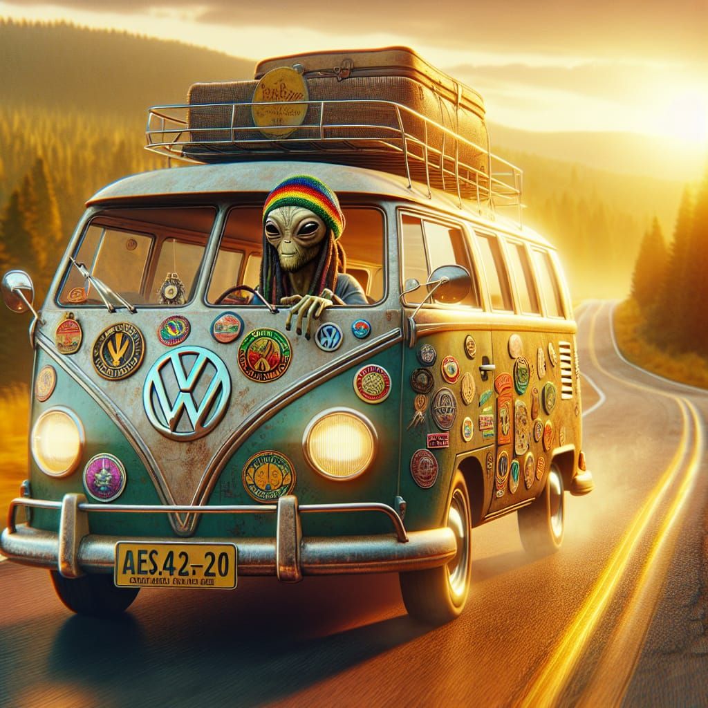 Psychedelic Alien Drives VW Van at Golden Hour