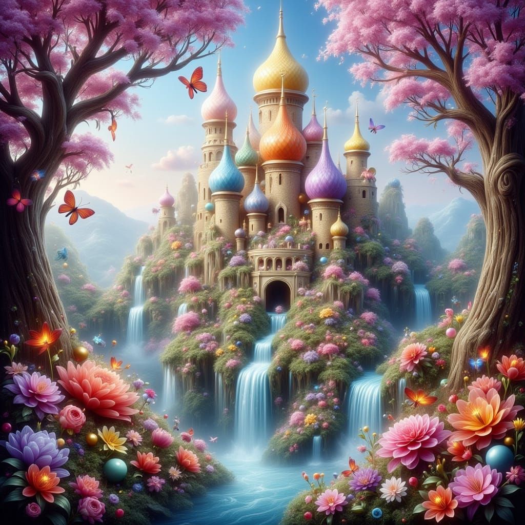 Whimsical Dream Palace with Rainbow Domes in Storybook Style