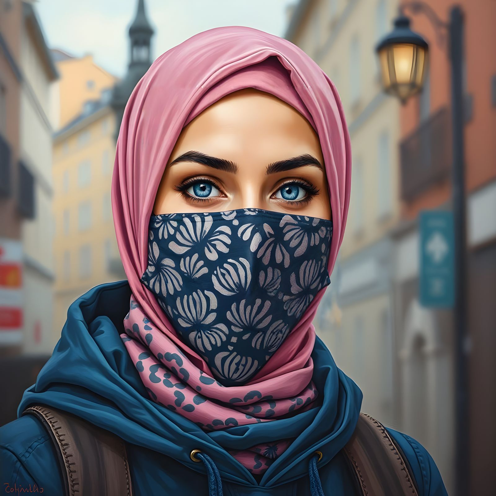 European Hijabi Woman in Cozy City Portrait