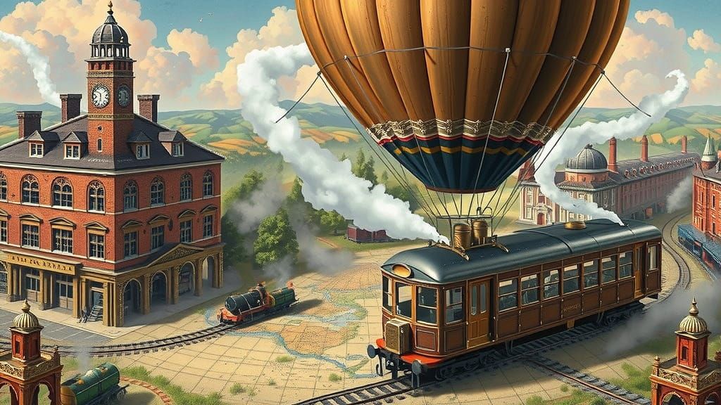 Surreal Scene of Vintage Steam Air Balloon Emerging from a G...