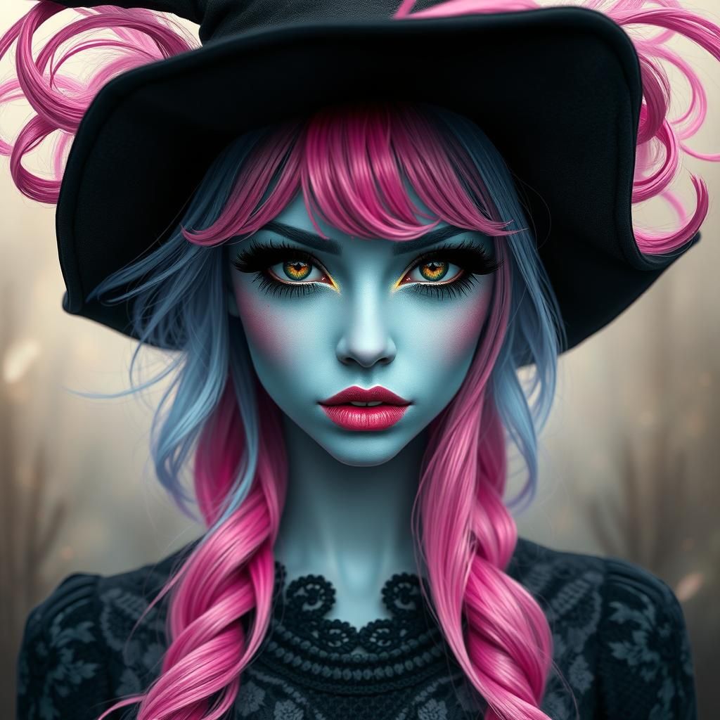 Mystical Blue-Skinned Witch Portrait in Fantasy Art Style