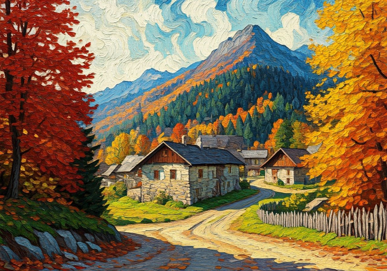 Mountain Village in Autumn, Van Gogh Style
