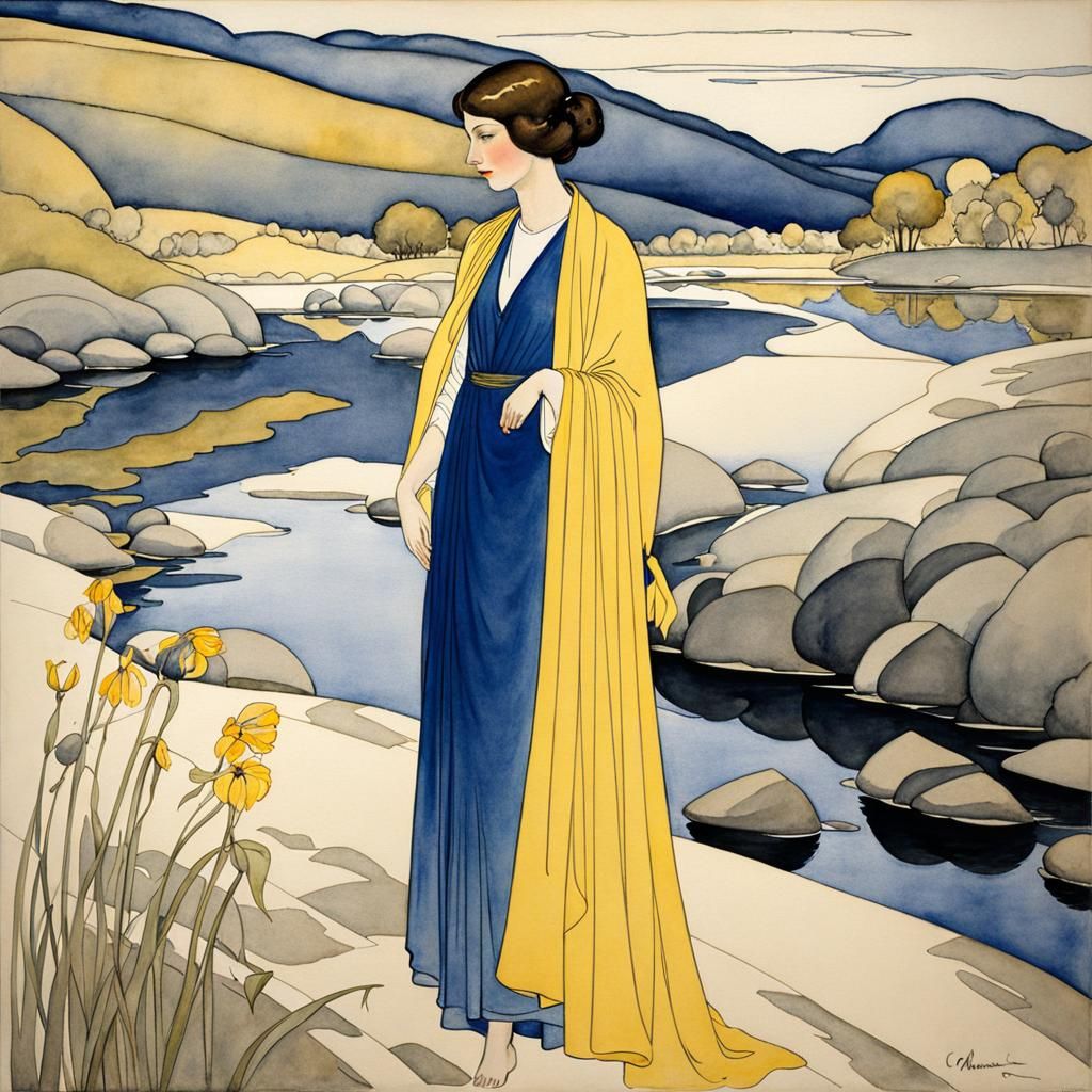 Elegant Woman at Riverbank: Art Nouveau Watercolor