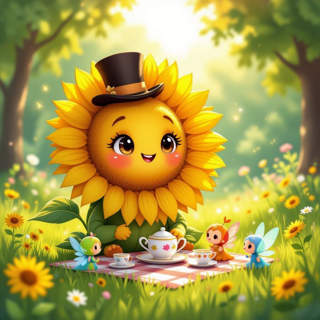 Whimsical Sunflower Tea Party in Cel-Shaded Style