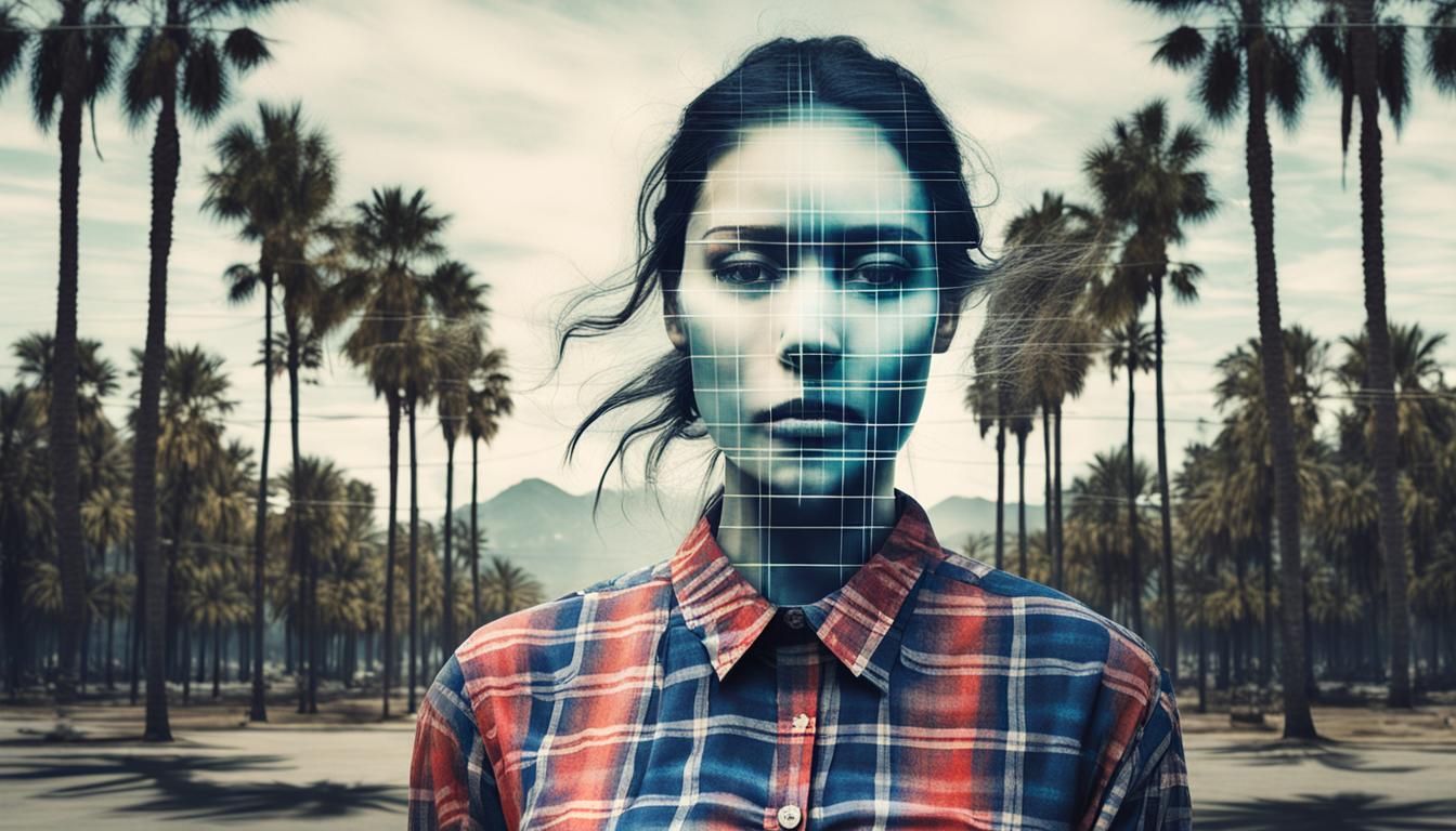 Surreal Woman's Face in Plaid Double Exposure