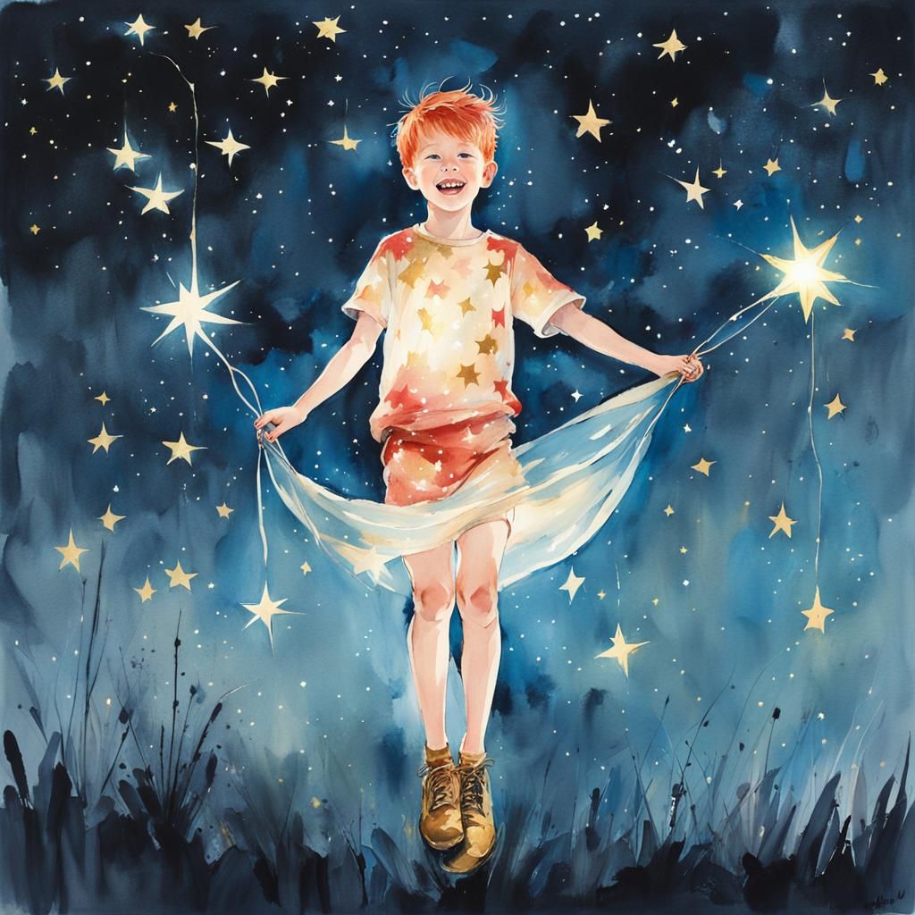 Boy Holds Star in Watercolor Night Sky
