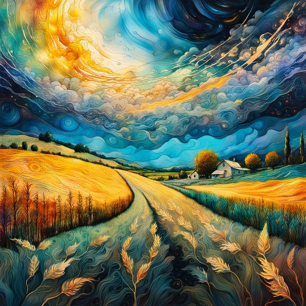 Cosmic Farmland at Dusk: Mixed Media Illustration