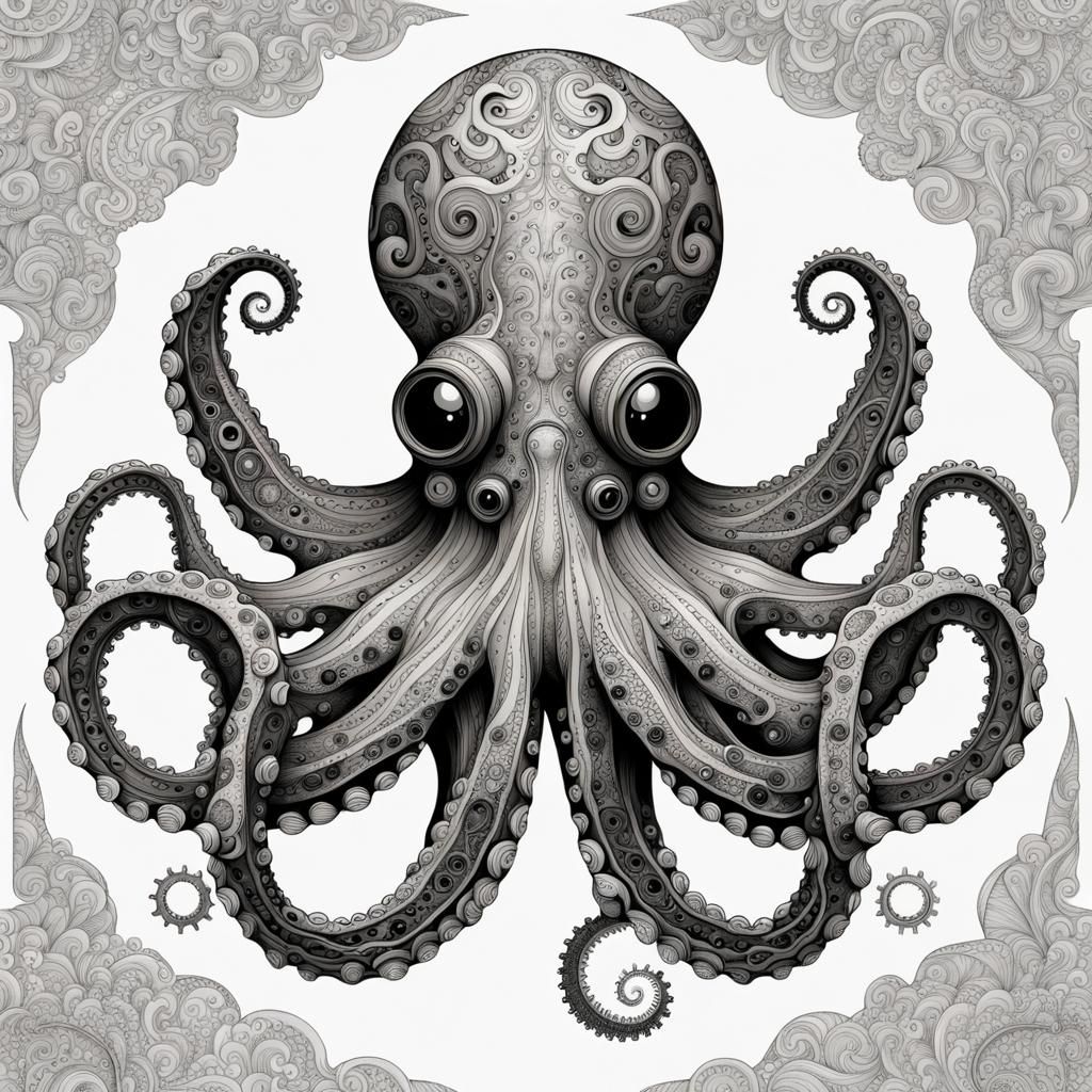 Steampunk Octopus Line Art Illustration