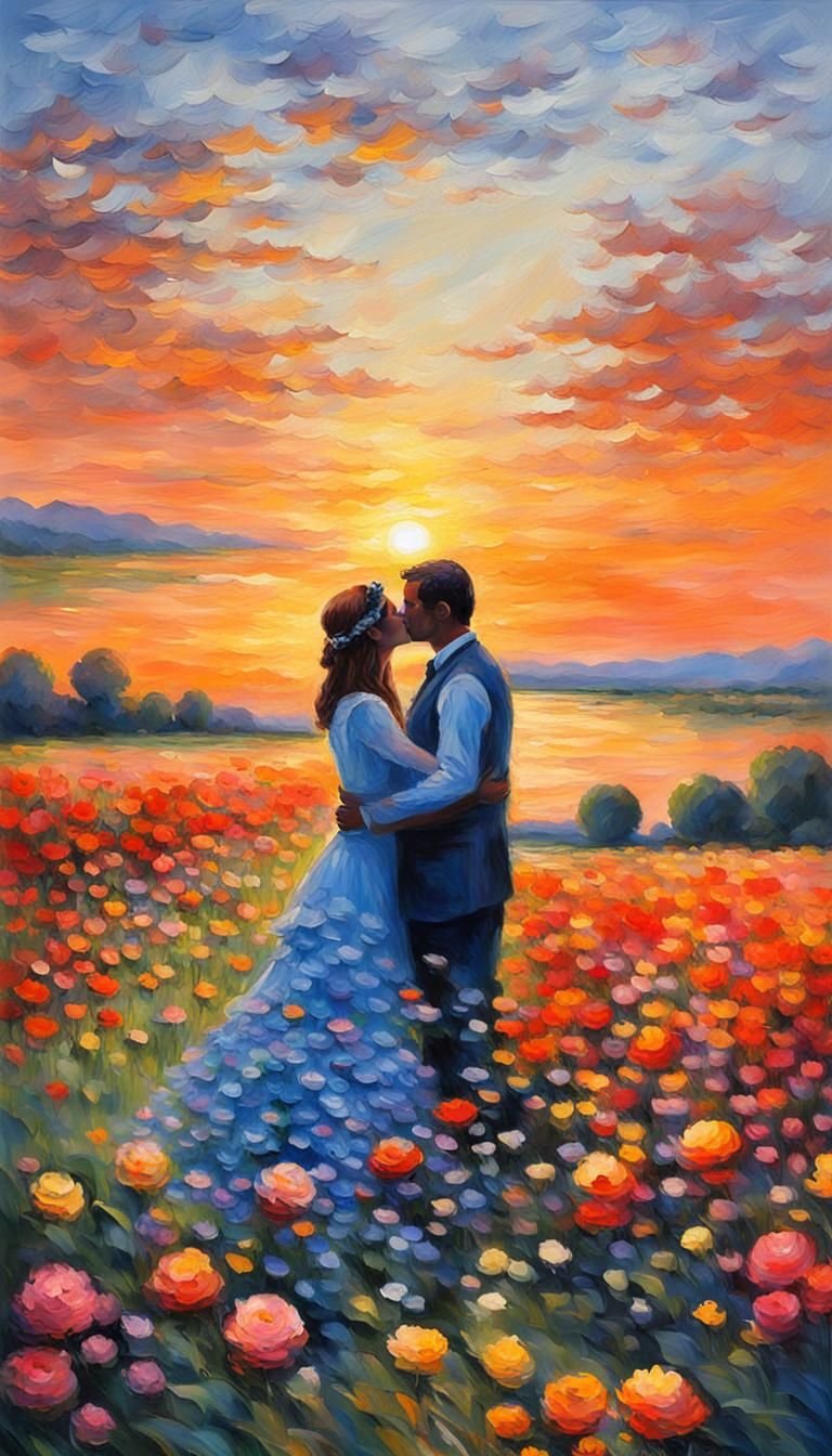 Romantic Sunset Kiss in Impressionist Style