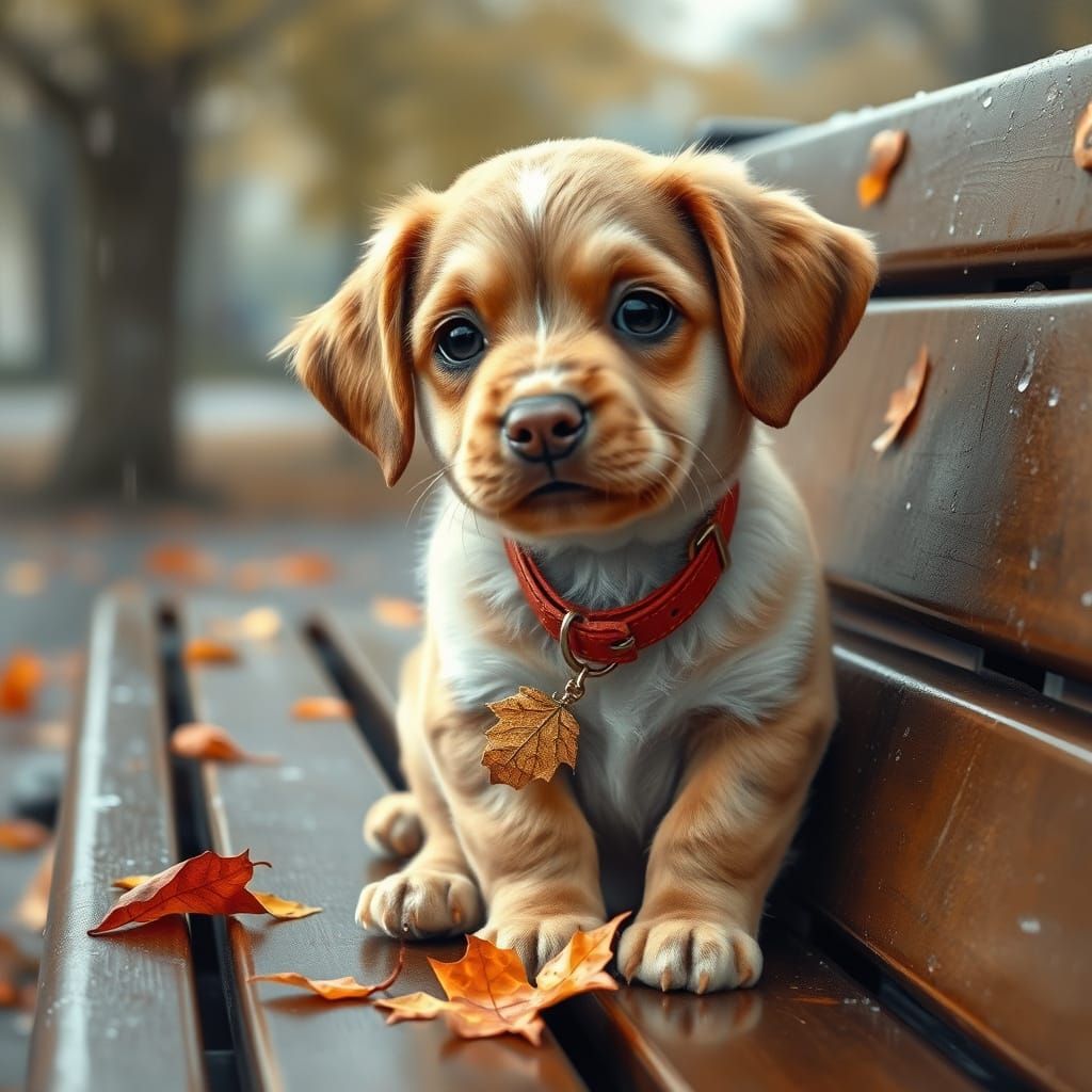 Cute Puppy on Park Bench in Sentimental Realism Style