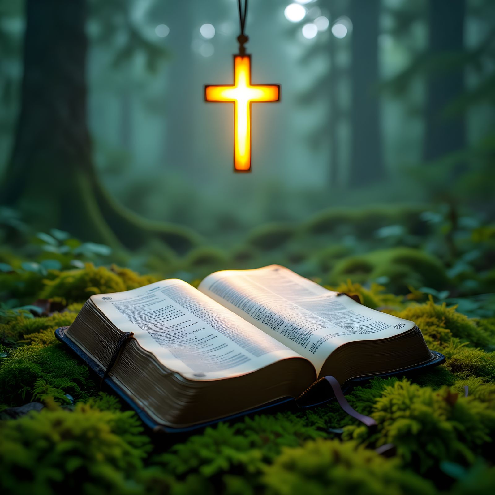 Bible with Glowing Cross in Forest: Cinematic Film Still