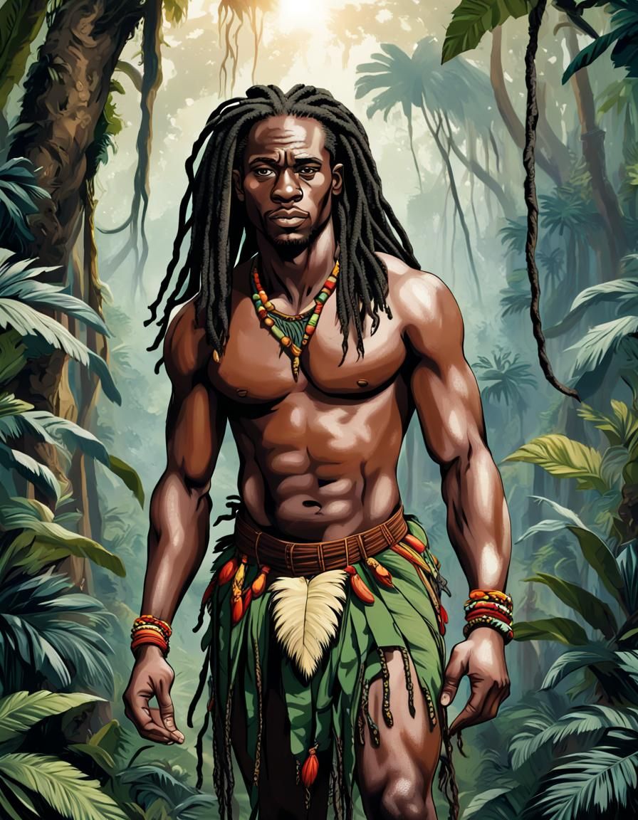 Black Tarzan in African Jungle with Locs