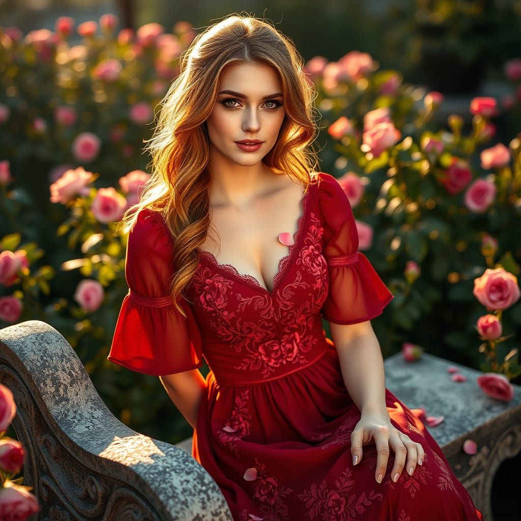 Woman in Rose Garden: Photorealistic Style