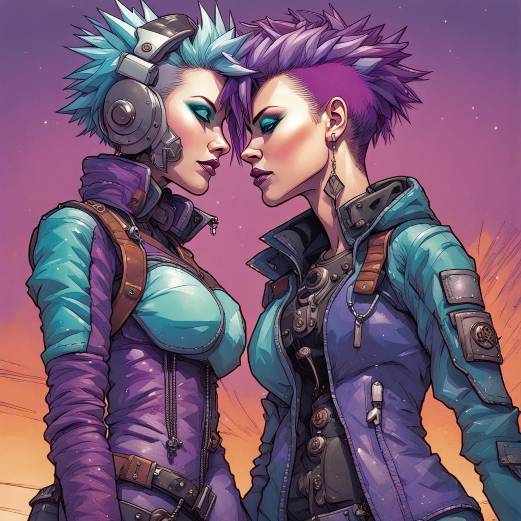 Cyberpunk Snowboarders' Kiss: Gothic Steampunk Art