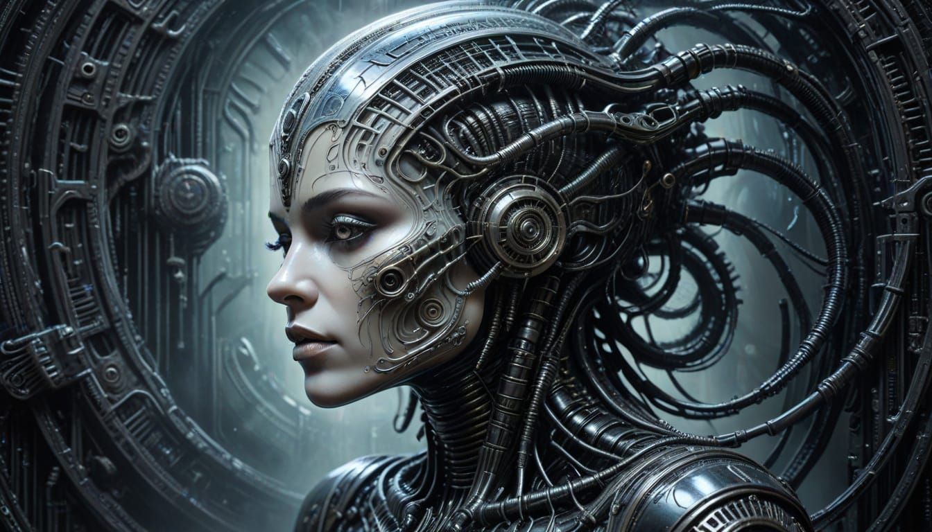 Cybernetic Woman Emerging from Mist in Steampunk Style