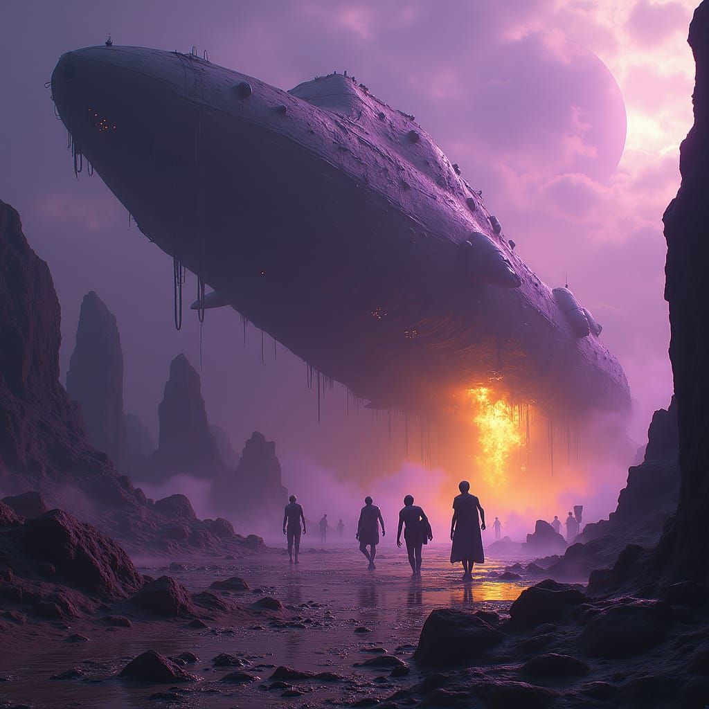 Aliens Escape a Crashed Ship: Dark Fantasy Art