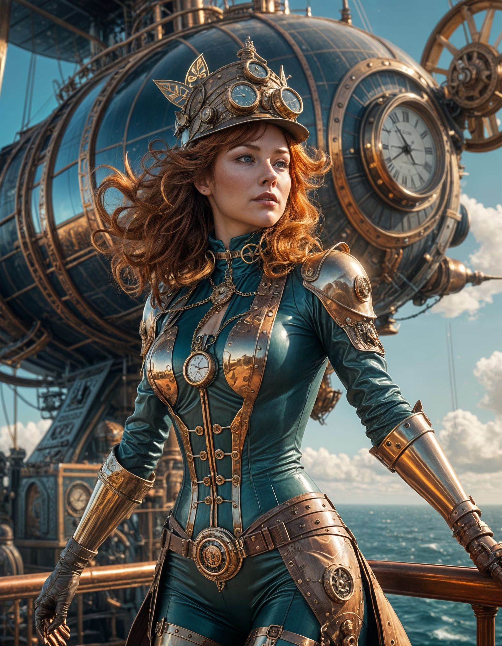Steampunk Airship Adventure with Redhead Woman
