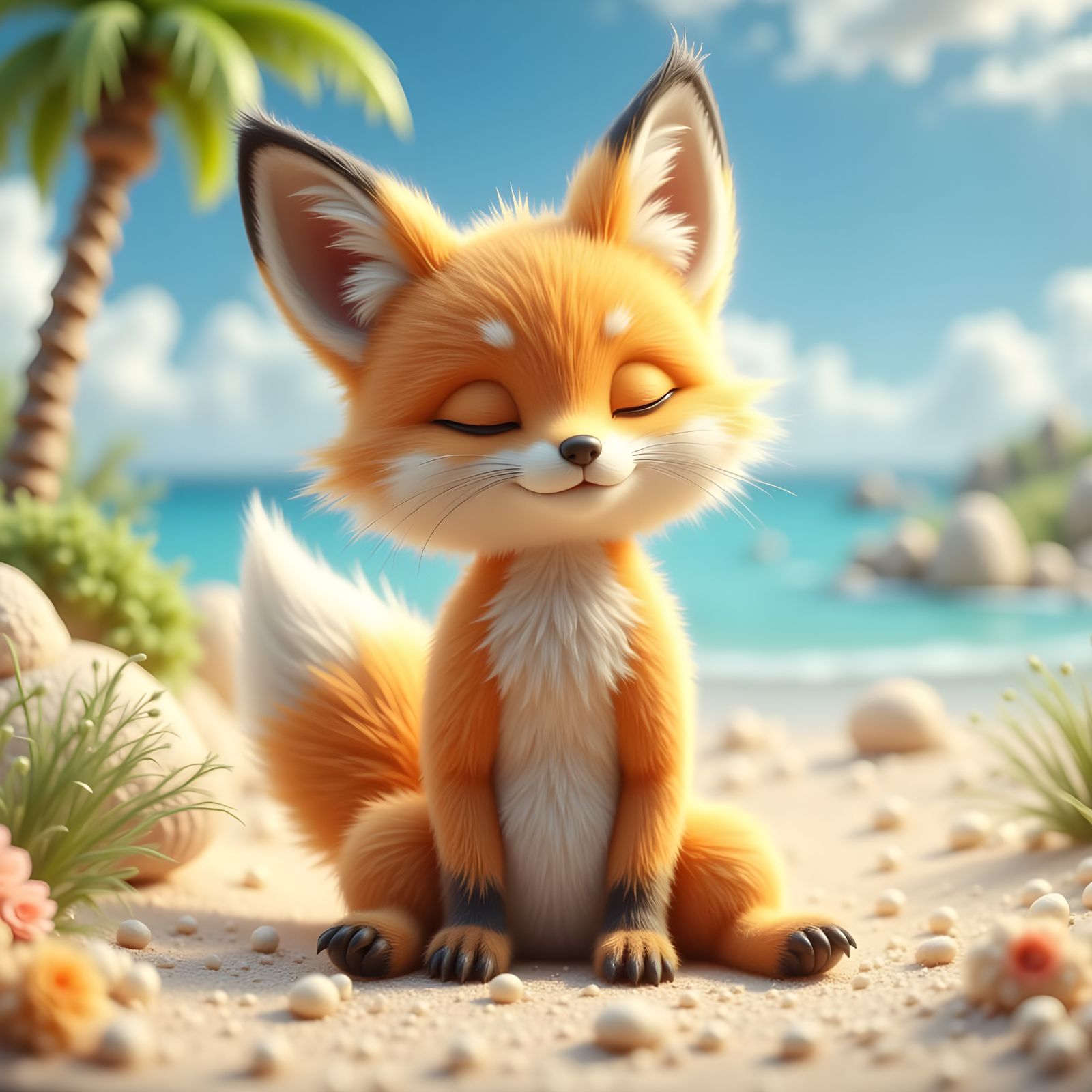 Arctic Fox Yoga on the Beach as 3D Render