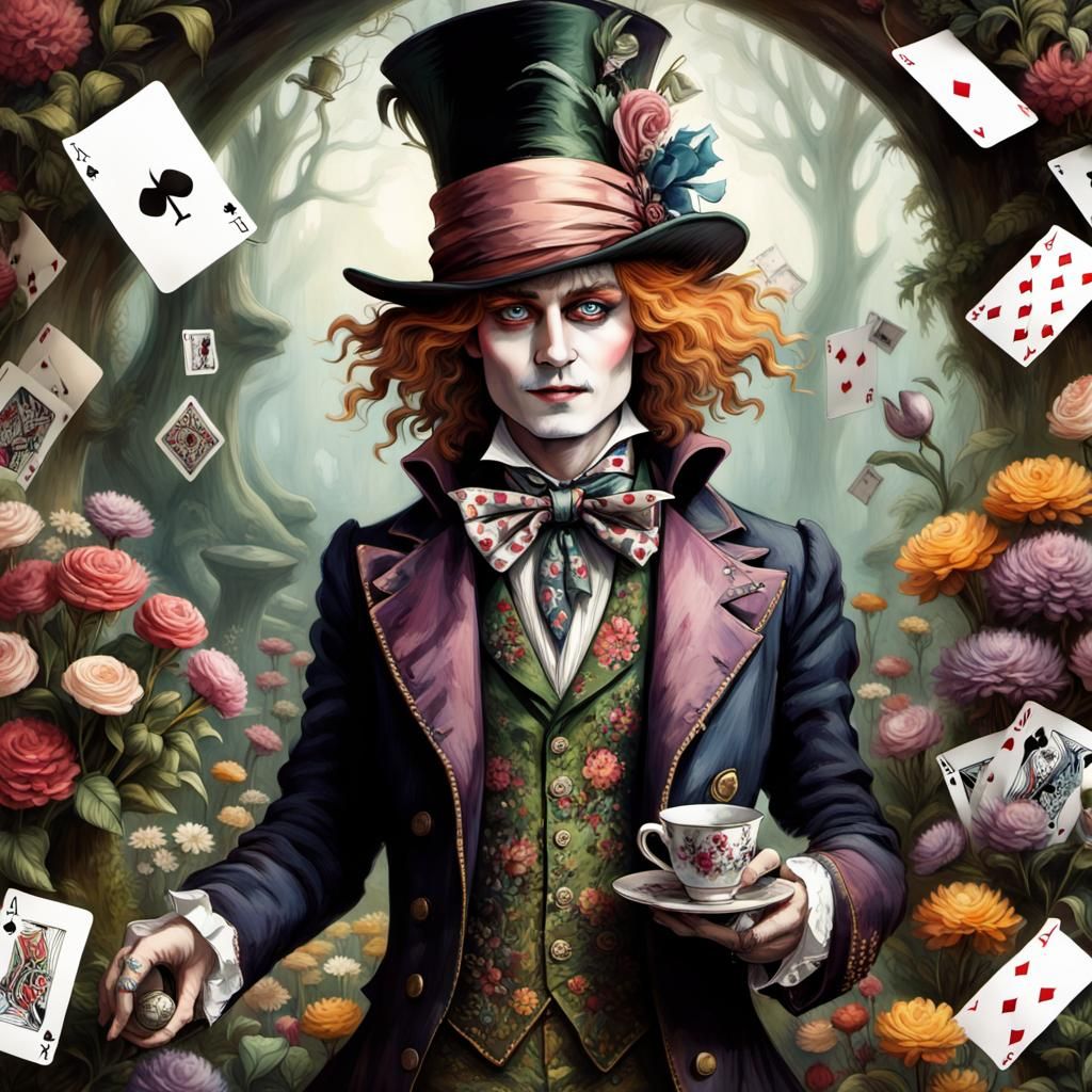 Mad Hatter in Whimsical Garden, Arthur Rackham Style