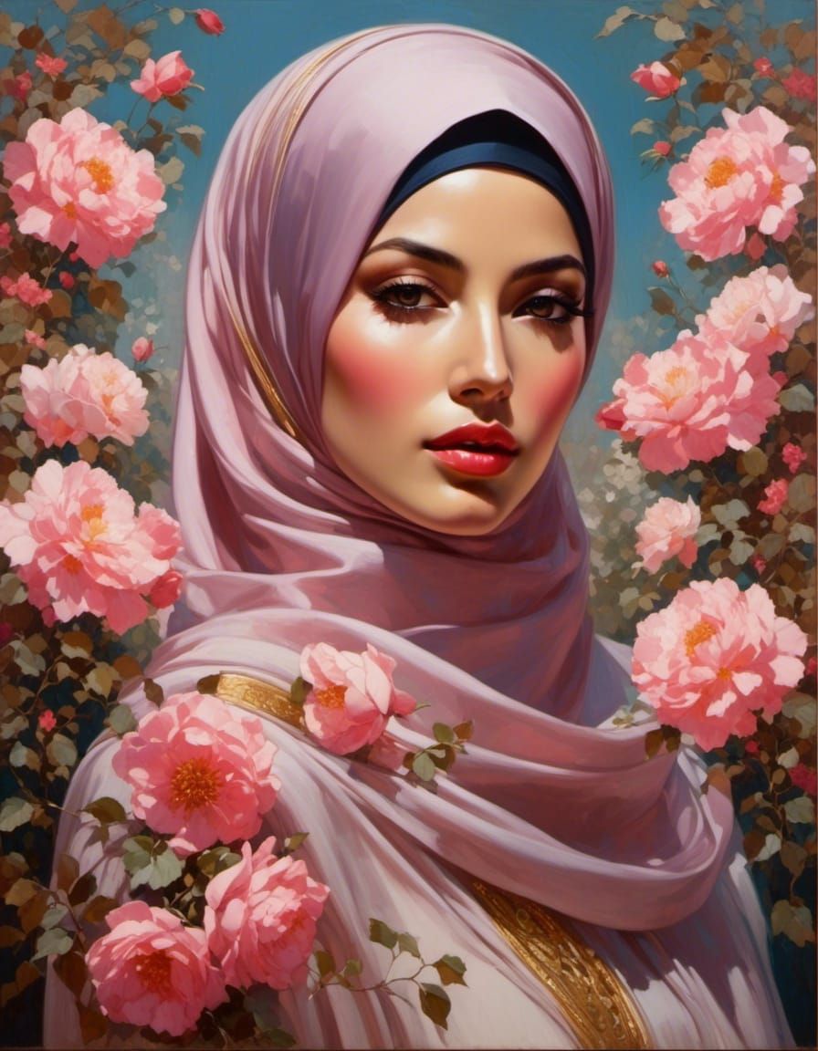 Hijabi Woman in Sakura Garden: Oil Painting Style