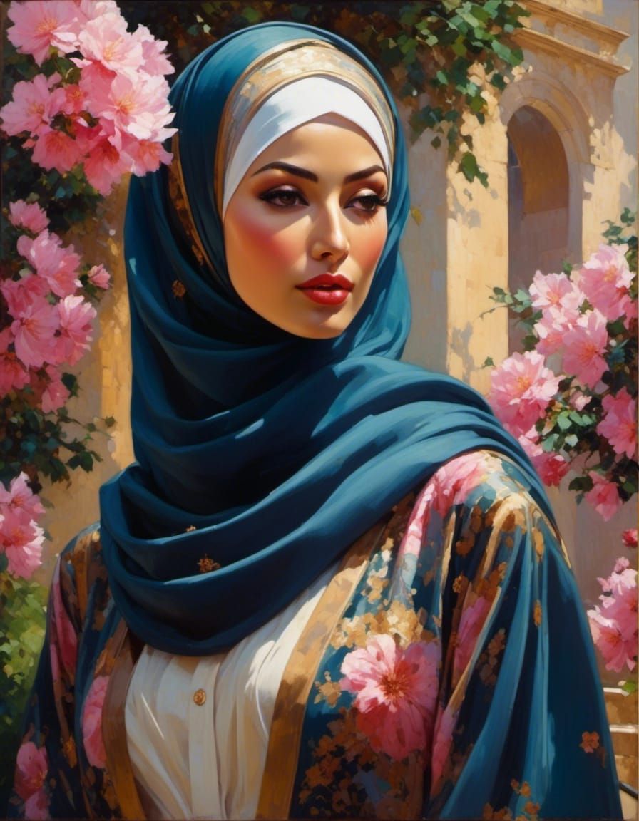 Curvy Hijabi Masked Woman in Sakura Garden