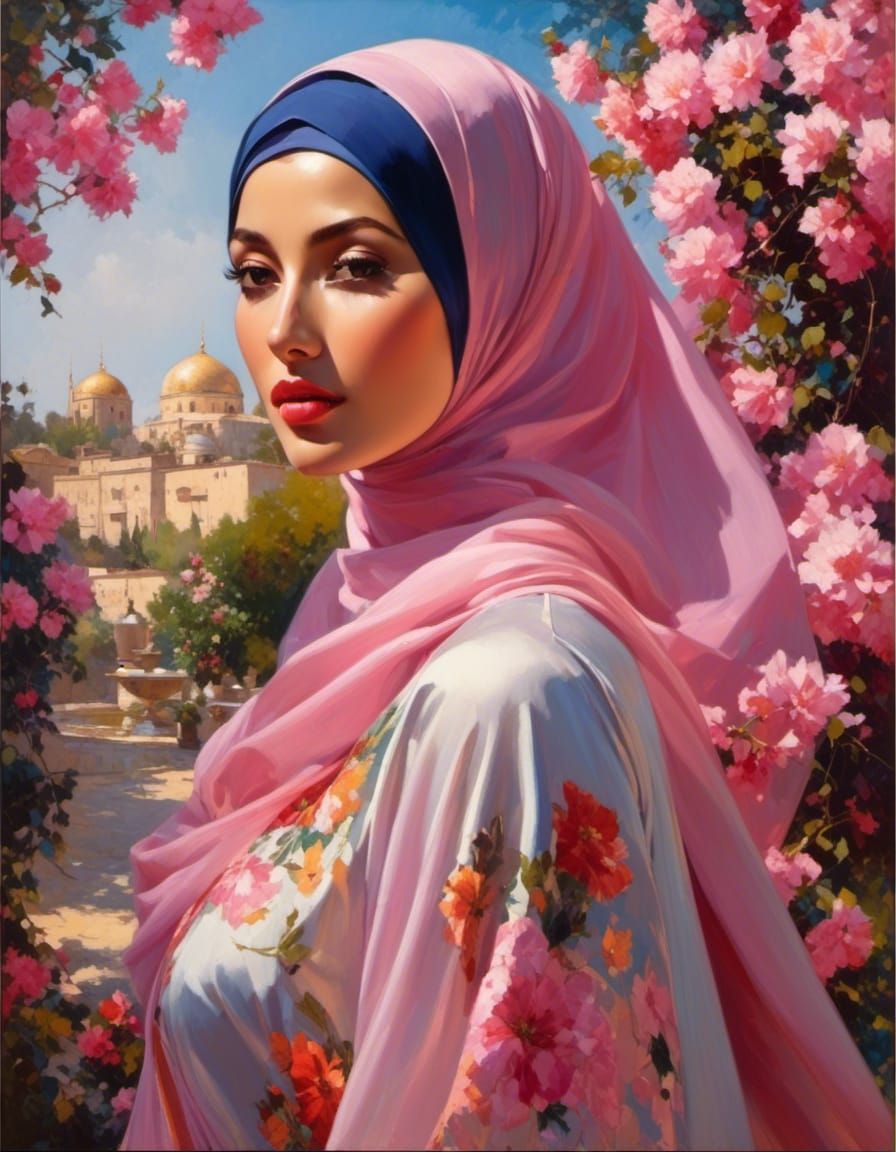 Beautiful Woman in Hijab in Sakura Garden