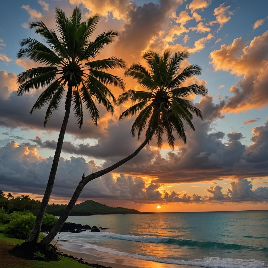 Picturesque Hawaiian Sunset with Palm Tree