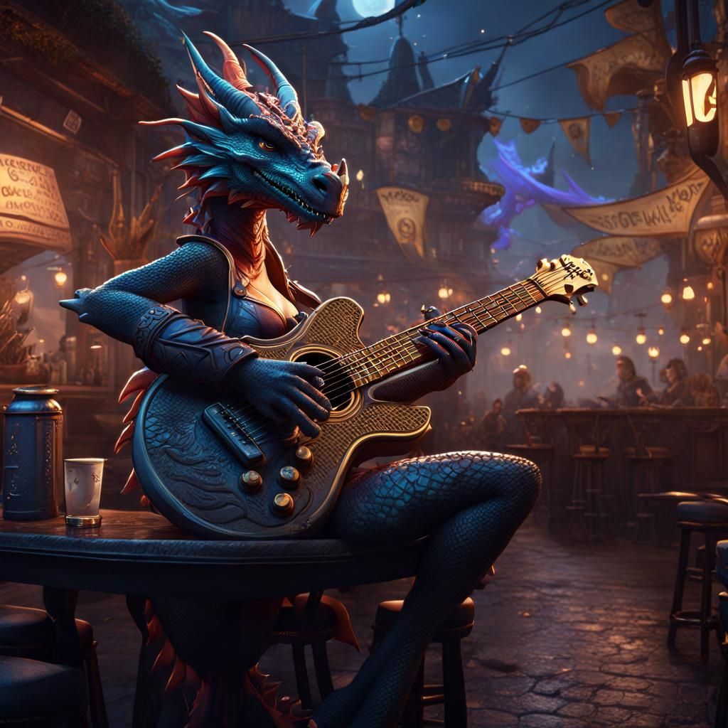 Dragon Girl Plays Guitar in Fantasy Art Style