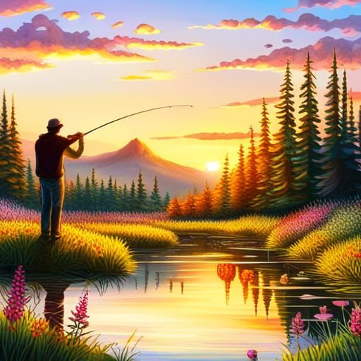 Father and Son Fishing at Sunset: Hyperrealistic 3D Art