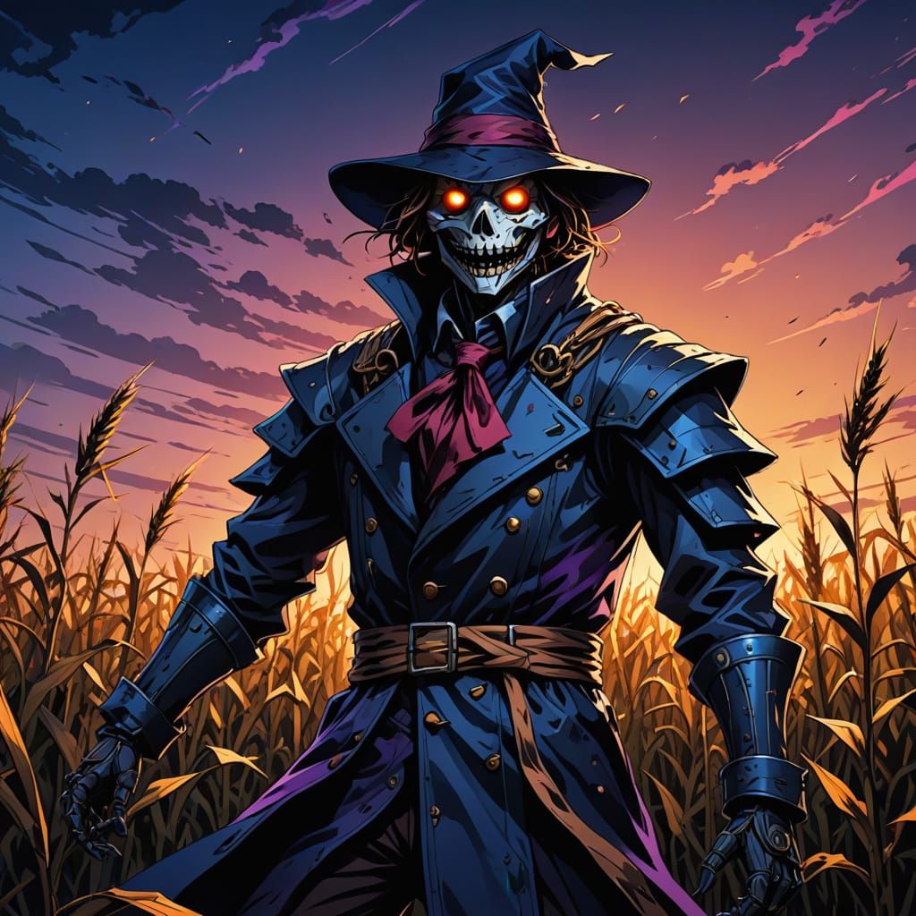 Twisted Scarecrow Emerges in Neon-Lit Cornfield Landscape