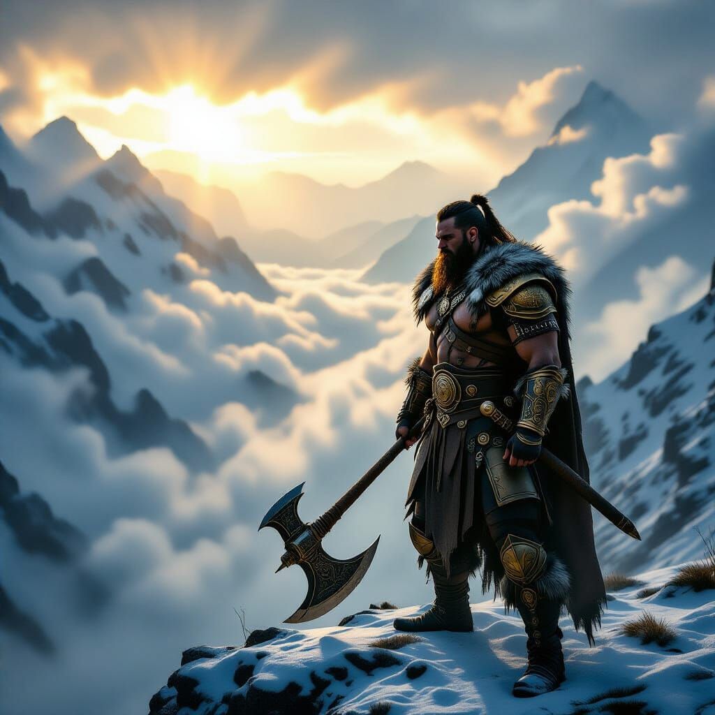 Barbarian Warrior on Mountain Peak at Golden Hour