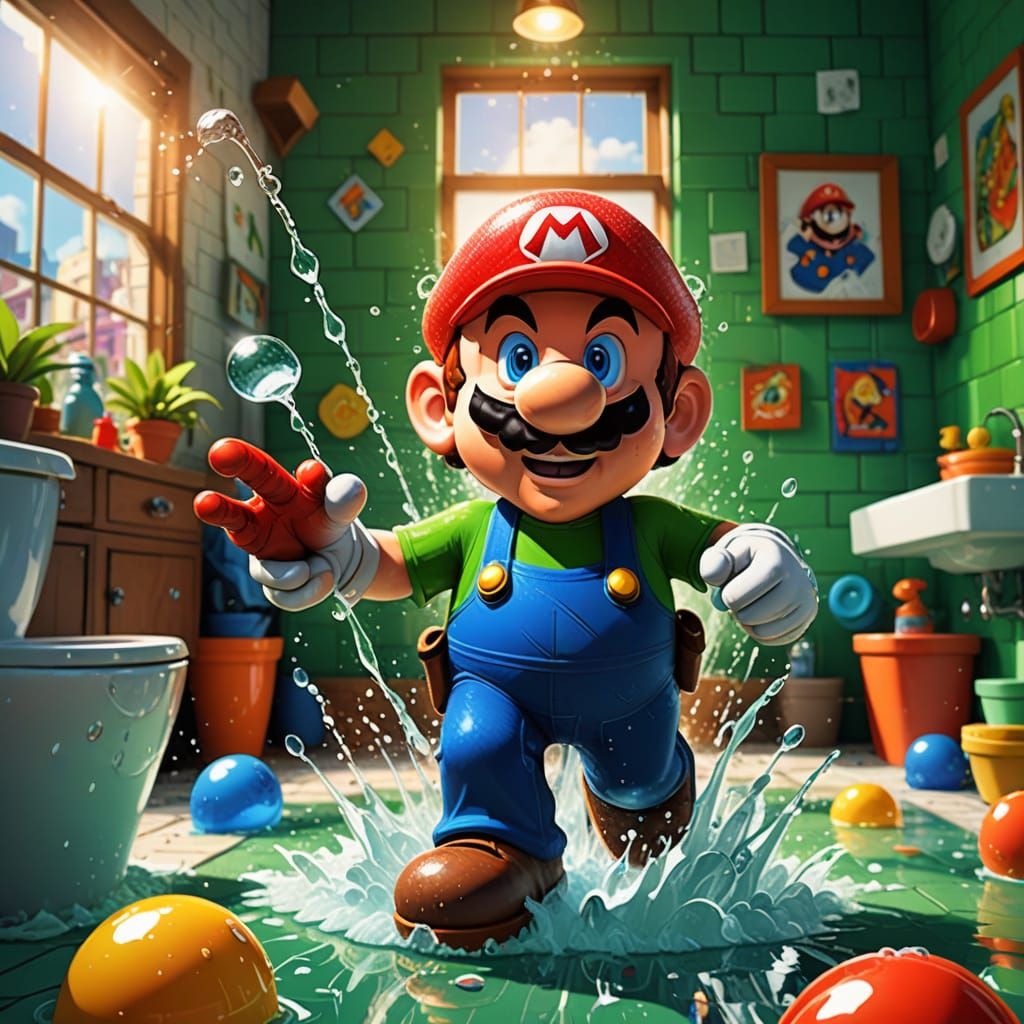 Mario in a Splashing 90s Bathroom