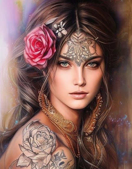 Woman with Rose Tattoos in Watercolor Style