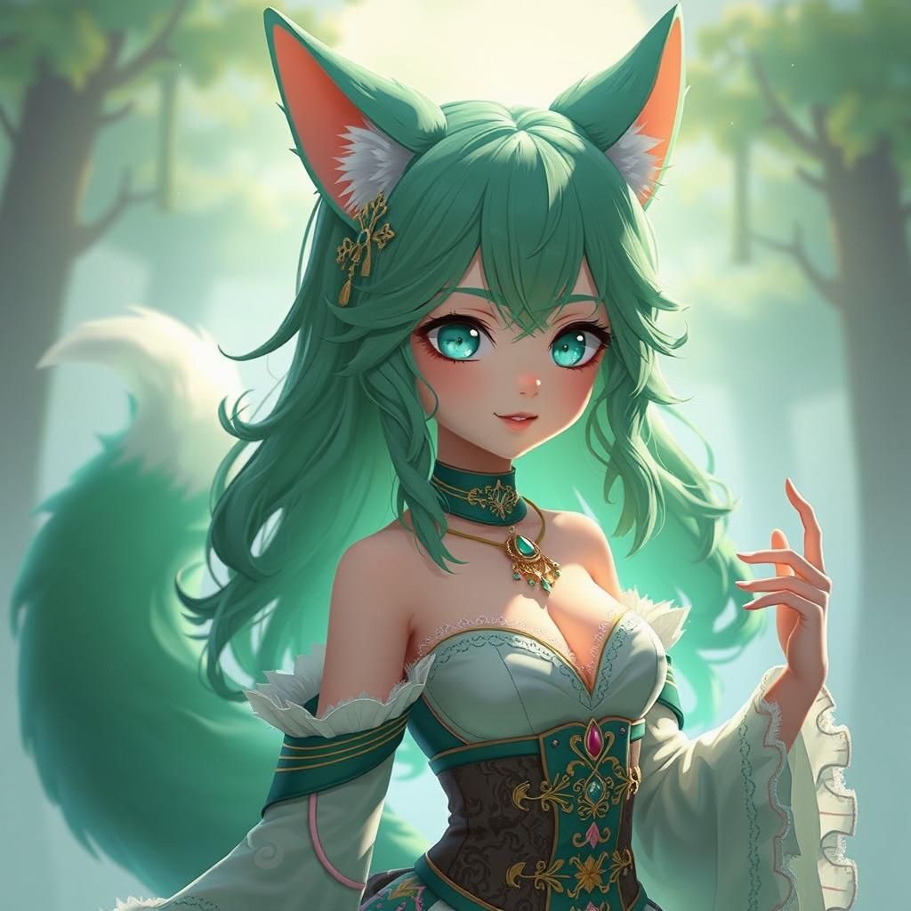 Anime Girl with Wolf Features in Dreamy Forest