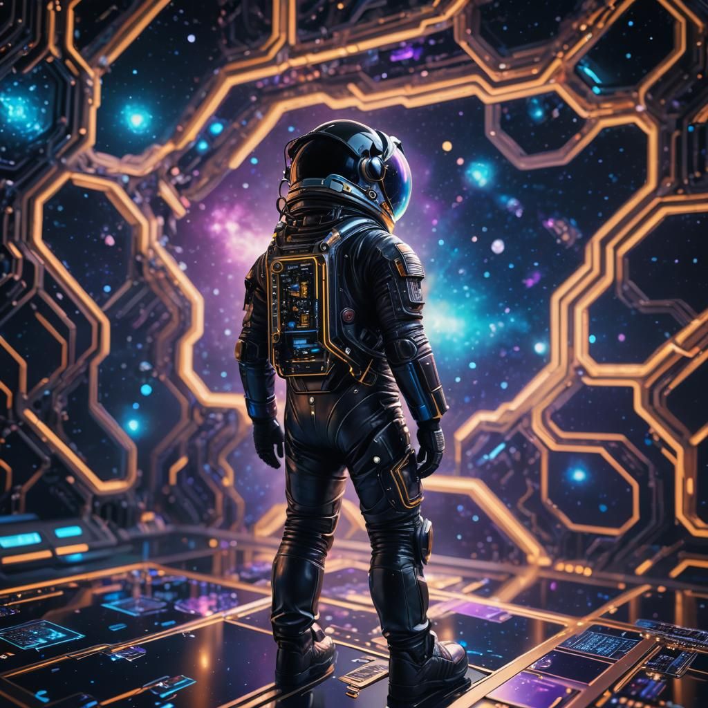 Astronaut Inspects Circuit Board in Futuristic Galaxy