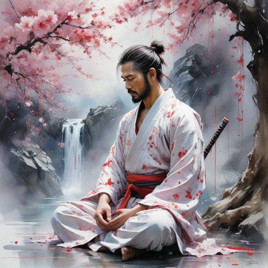 Samurai Meditates under Cherry Blossoms Twilight