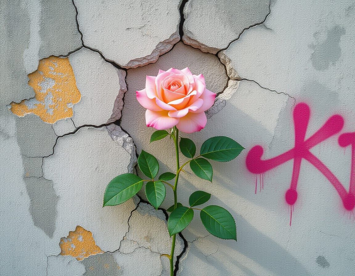 Rose Growing From Cracked Wall: Photorealistic Art