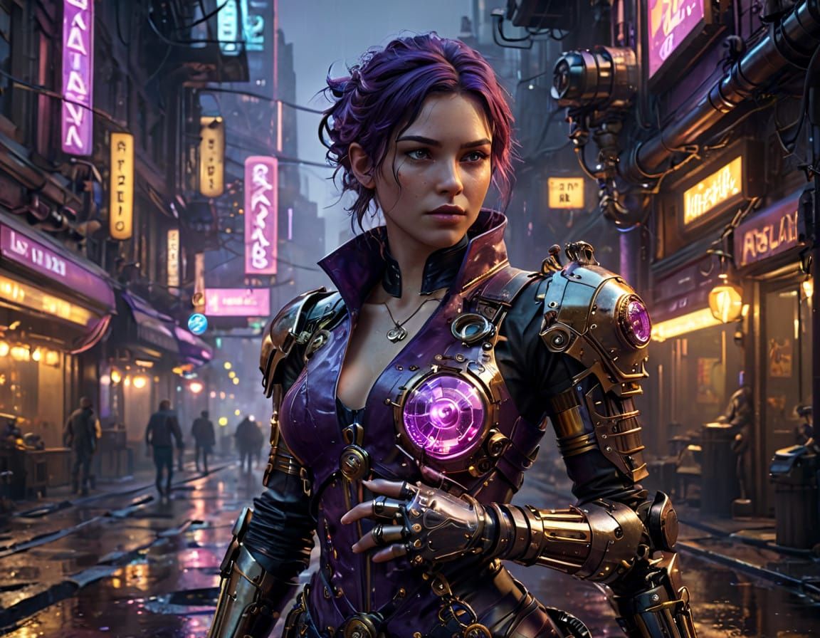 Crazed Steampunk Scientist in Dystopian Cityscape