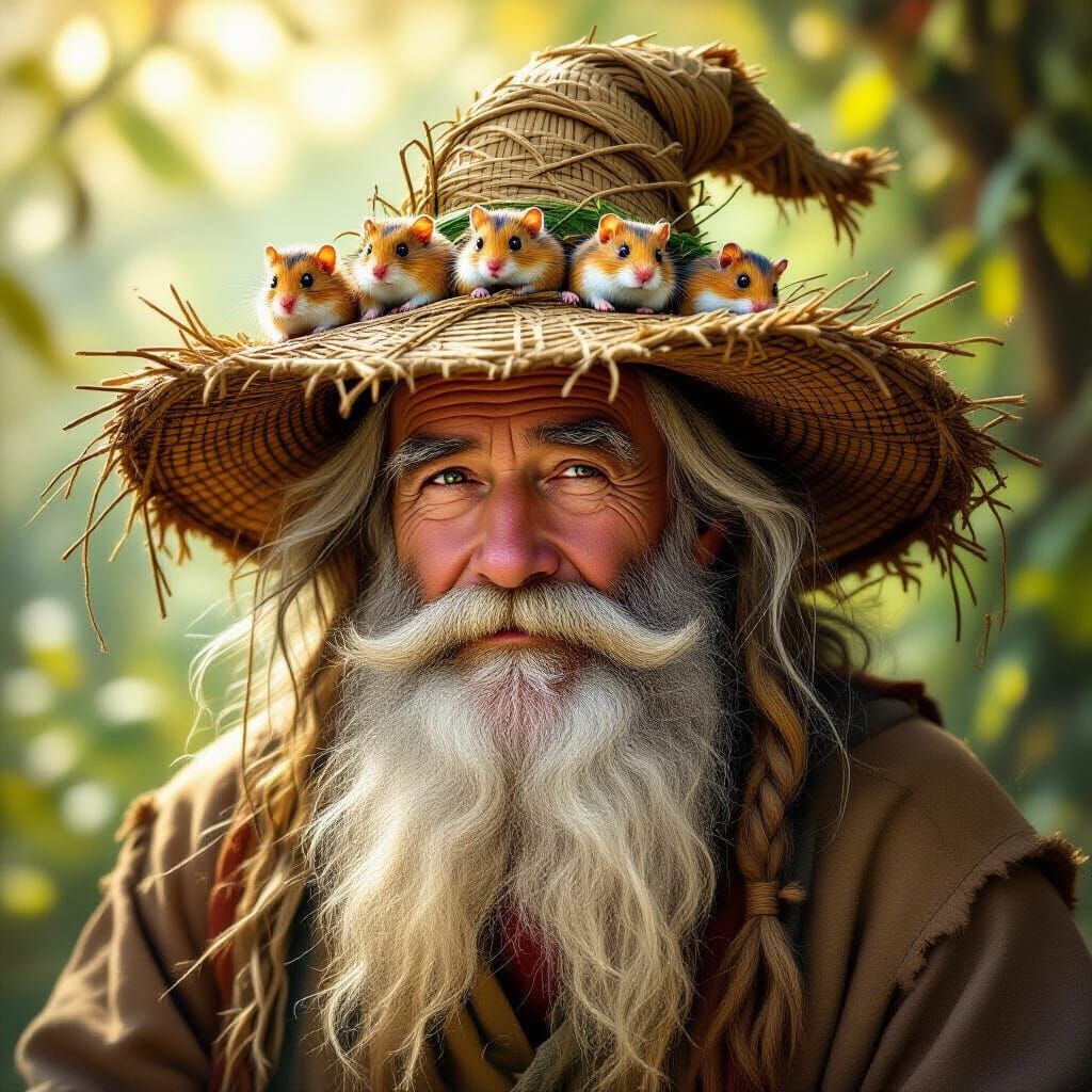 Old Man's Magical Hamster Hat Habitat in Pre-Raphaelite Styl...