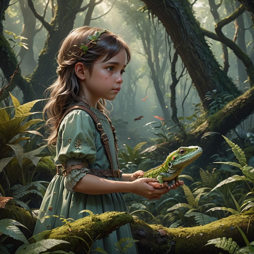 Girl with Lizard in Forest: Matte Painting