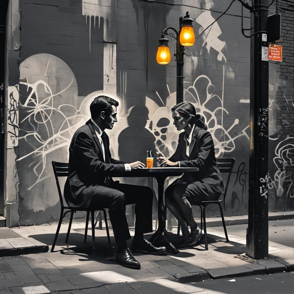 Urban Stencil Art: Alleyway Luncheon in Gritty Style