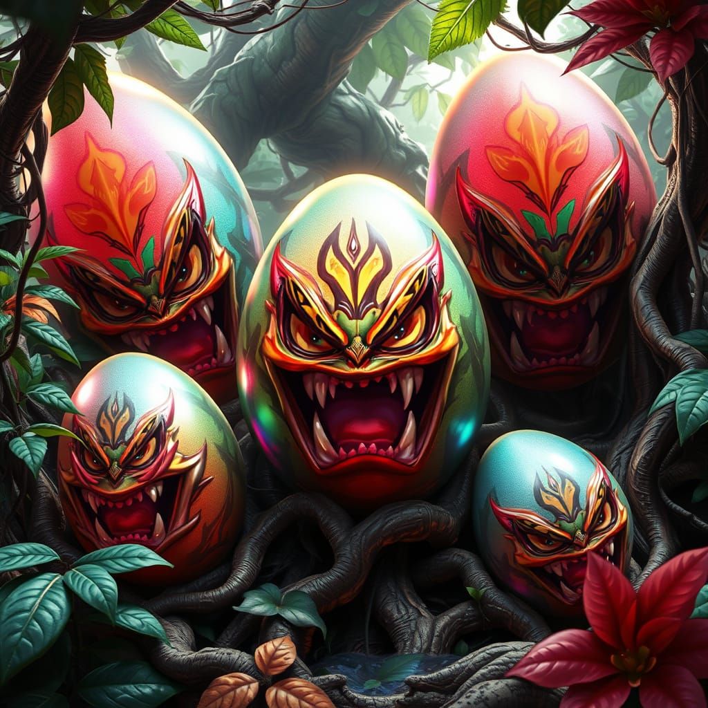 Surreal Anime Jungle Realm with Vibrant, Fierce Eggs