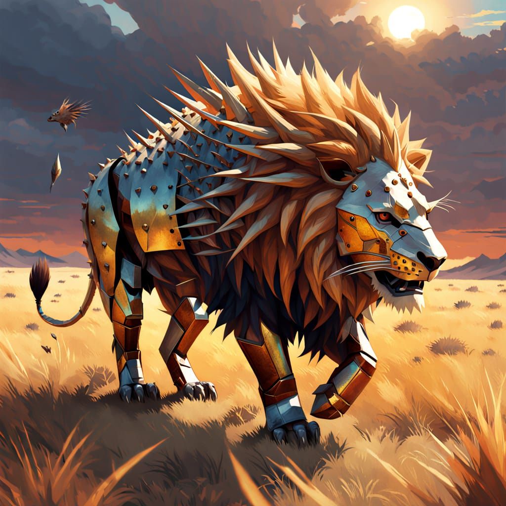 Surreal Lion Creature Roams Fantastical Savannah Landscape i...