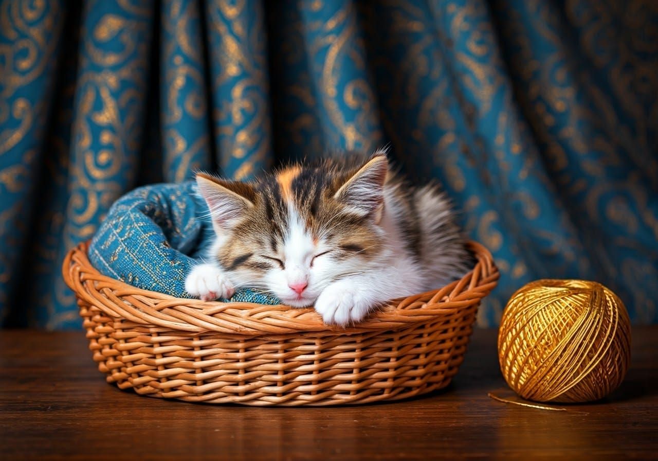 Cozy Calico Kitten in Royal Blue Luxe Surrounds