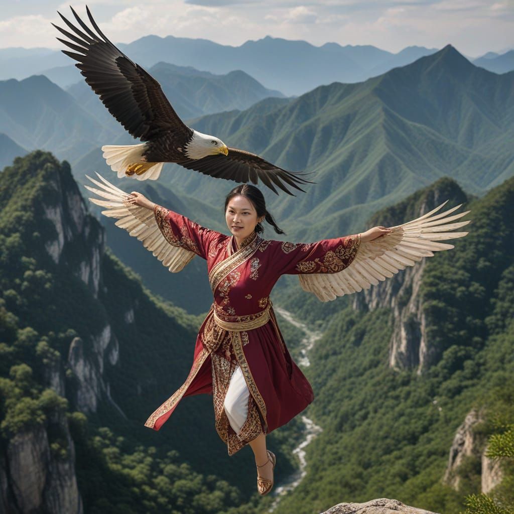 Elegant Woman Soaring on Eagle Above Mountains
